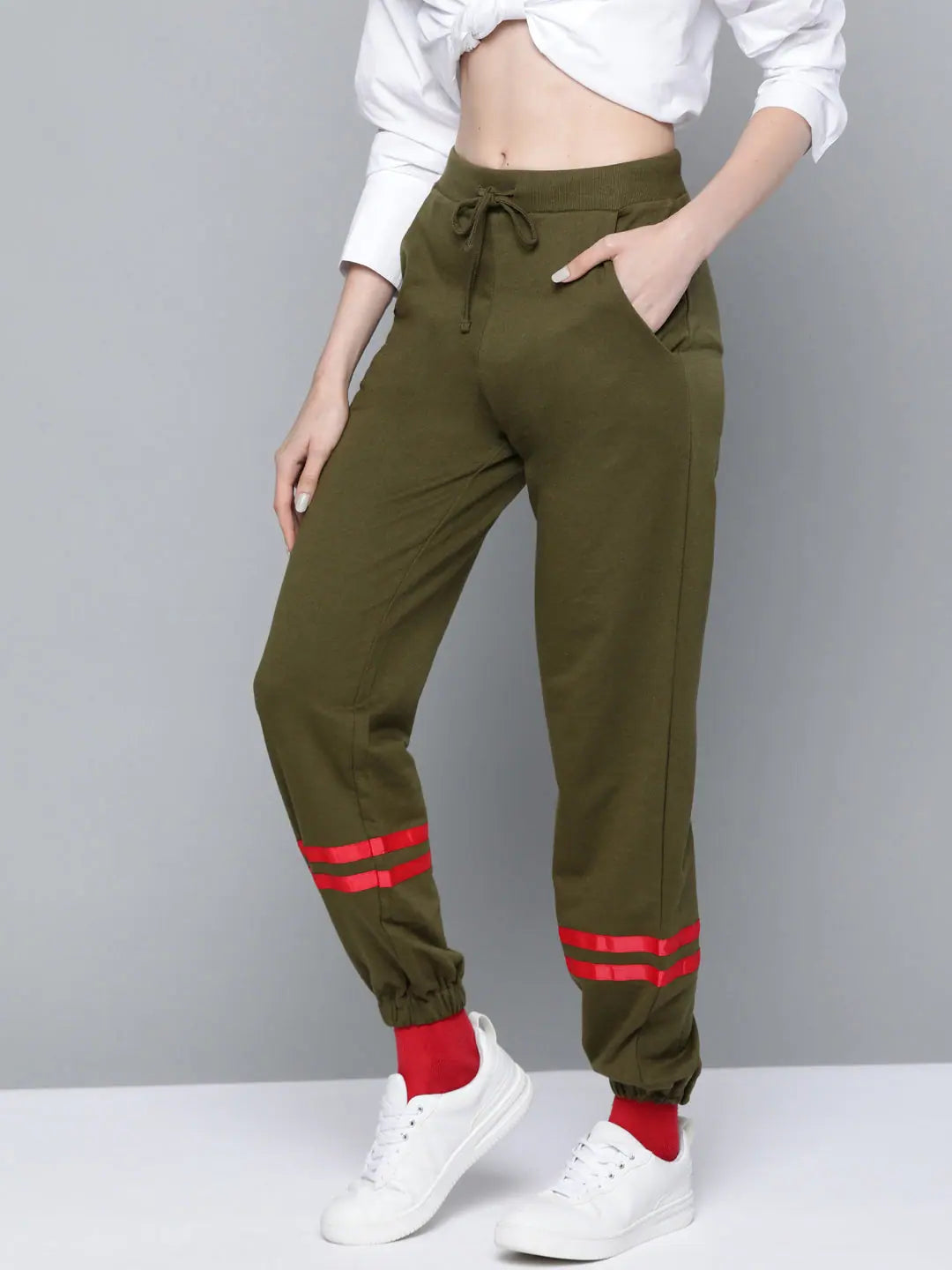 Olive Contrast Hem Tape Joggers - Comfortable Terry Fabric