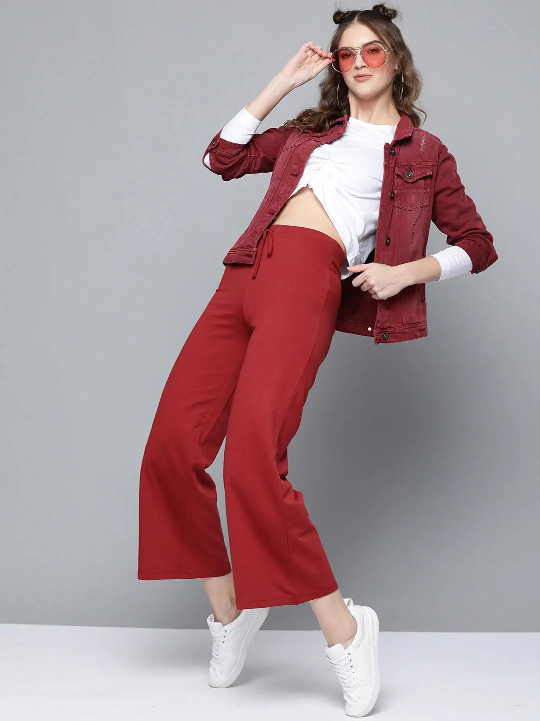 Maroon Terry Drawstring Wide Leg Pants | Western Clothing