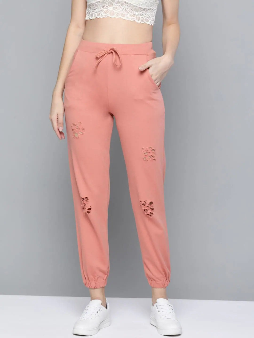 Peach Ripped Terry Joggers - Comfort Fit