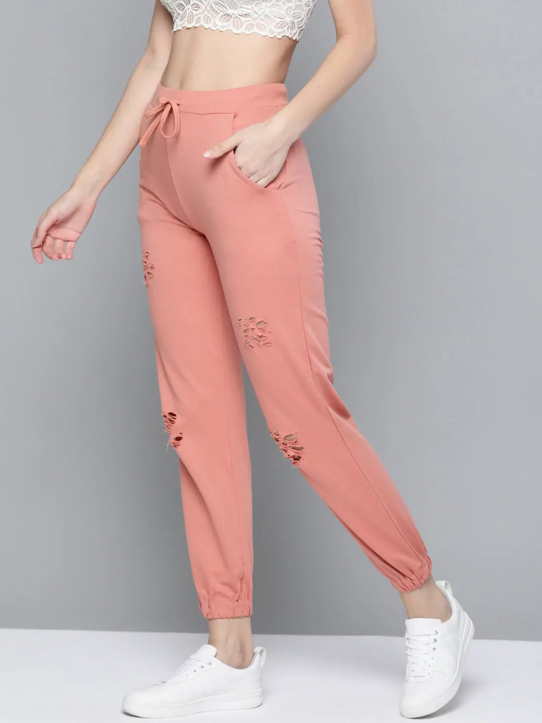 Peach Ripped Terry Joggers - Comfort Fit