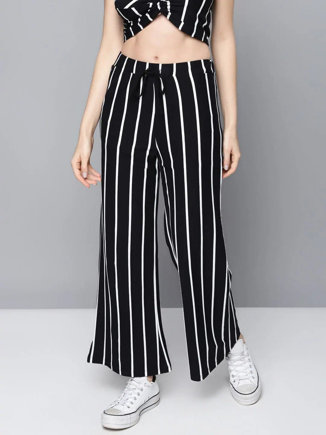 Black Striped Wide Leg Pants - Women's Cotton Drawstring Trousers