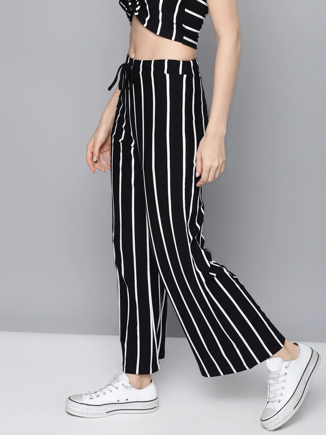 Black Striped Wide Leg Pants - Women's Cotton Drawstring Trousers