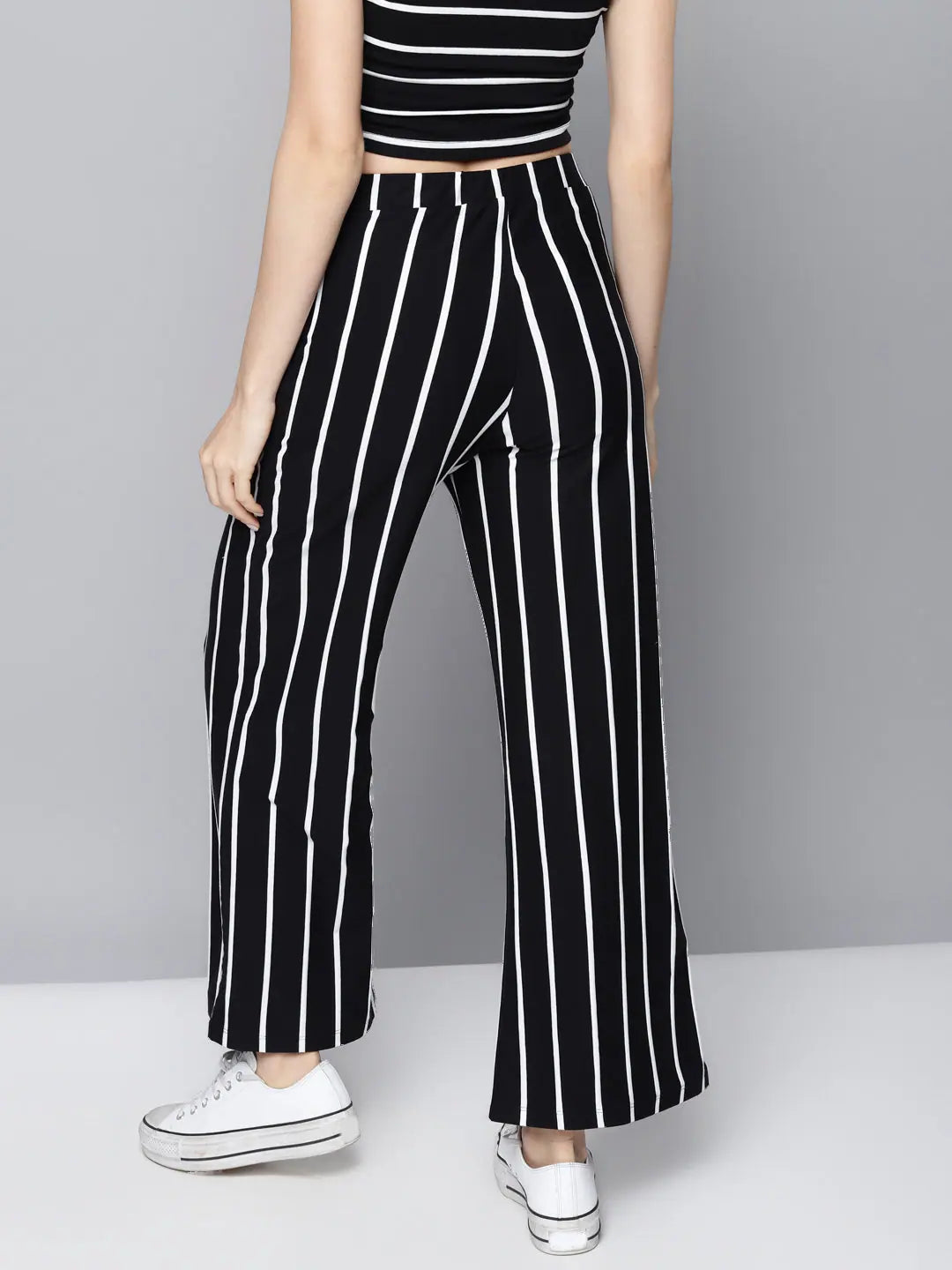 Black Striped Wide Leg Pants - Women's Cotton Drawstring Trousers