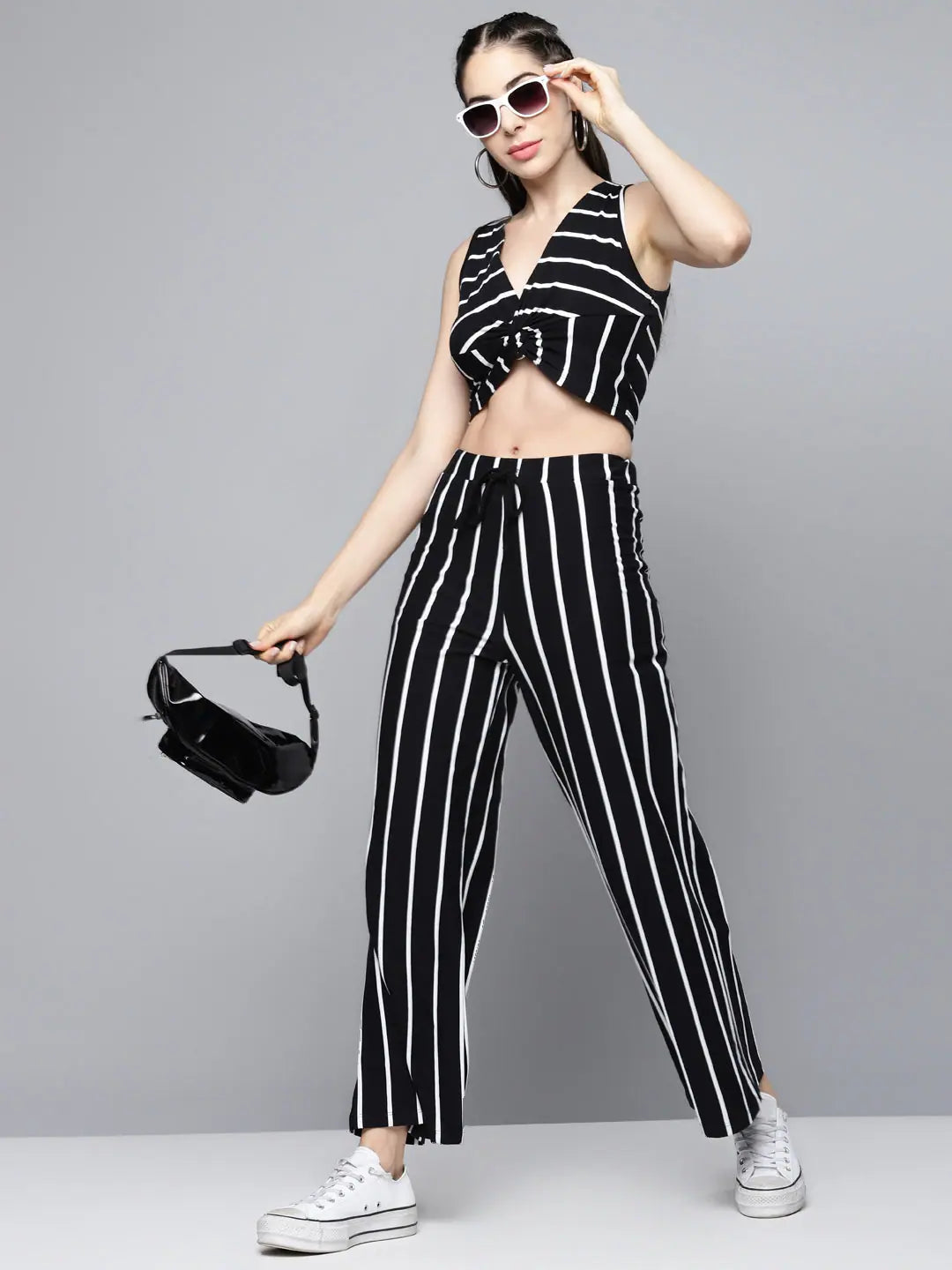 Black Striped Wide Leg Pants - Women's Cotton Drawstring Trousers