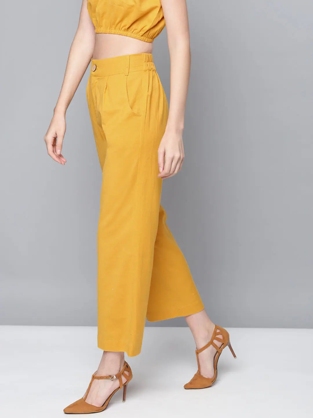Mustard Cotton Linen Straight Pants - Wooden Button Detail