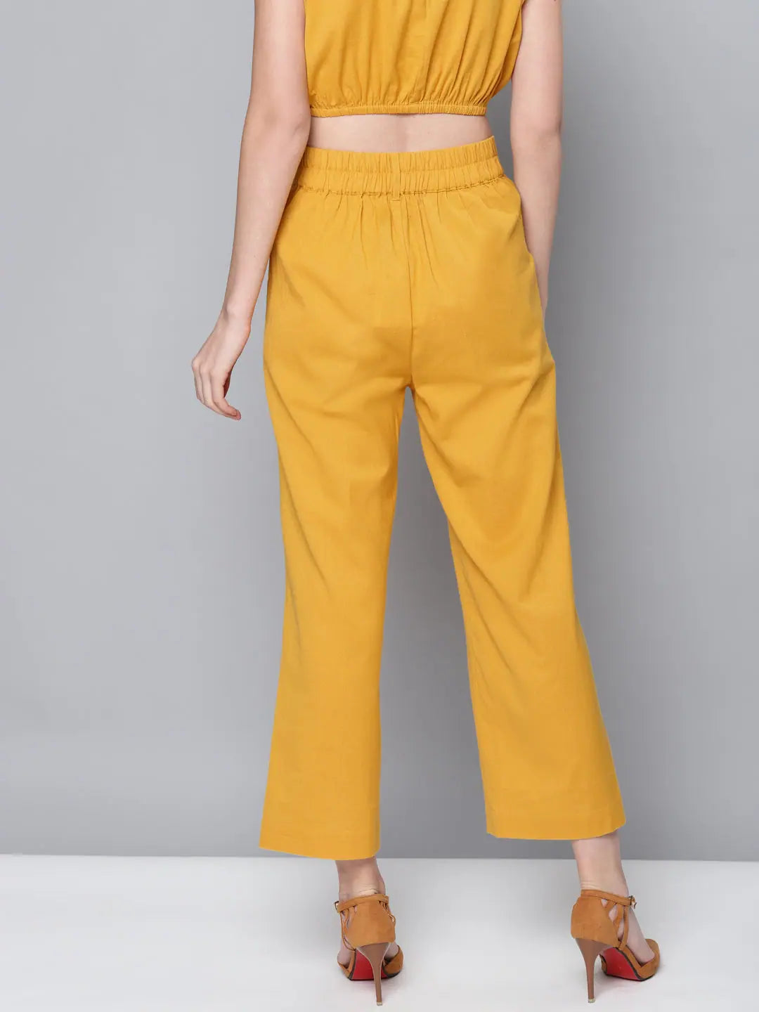 Mustard Cotton Linen Straight Pants - Wooden Button Detail