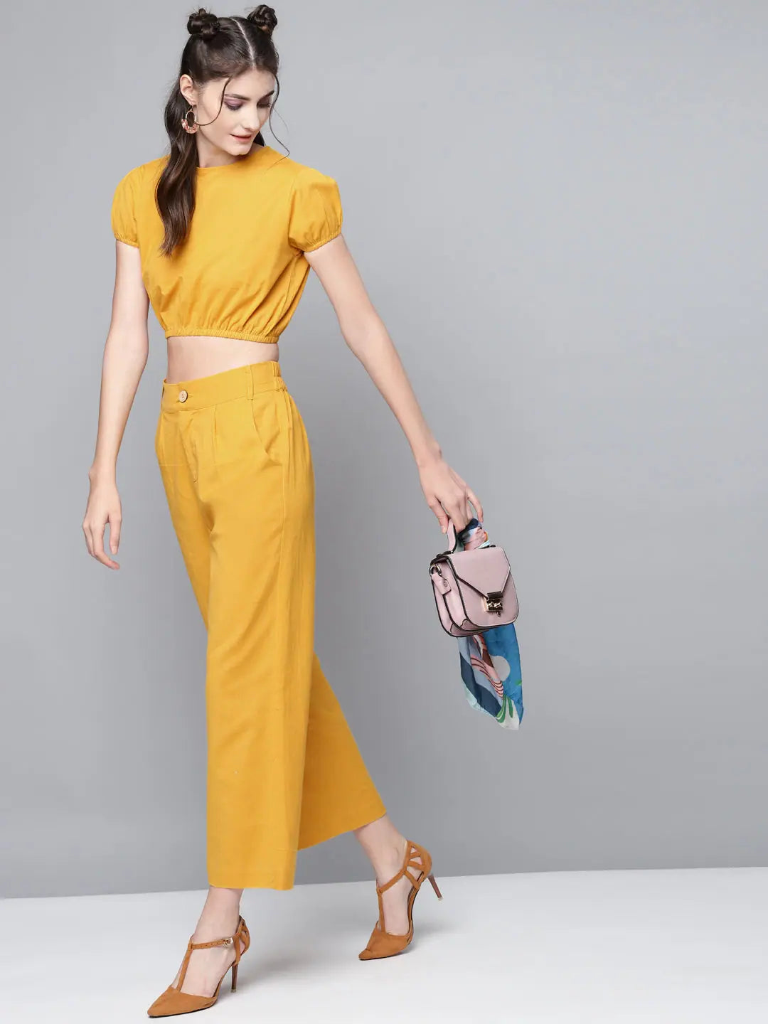 Mustard Cotton Linen Straight Pants - Wooden Button Detail