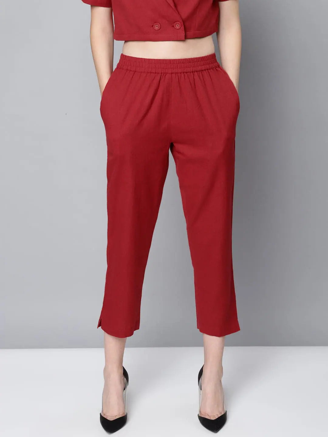 Maroon Straight Pants - Women's Cotton Linen Ankle Length Pants