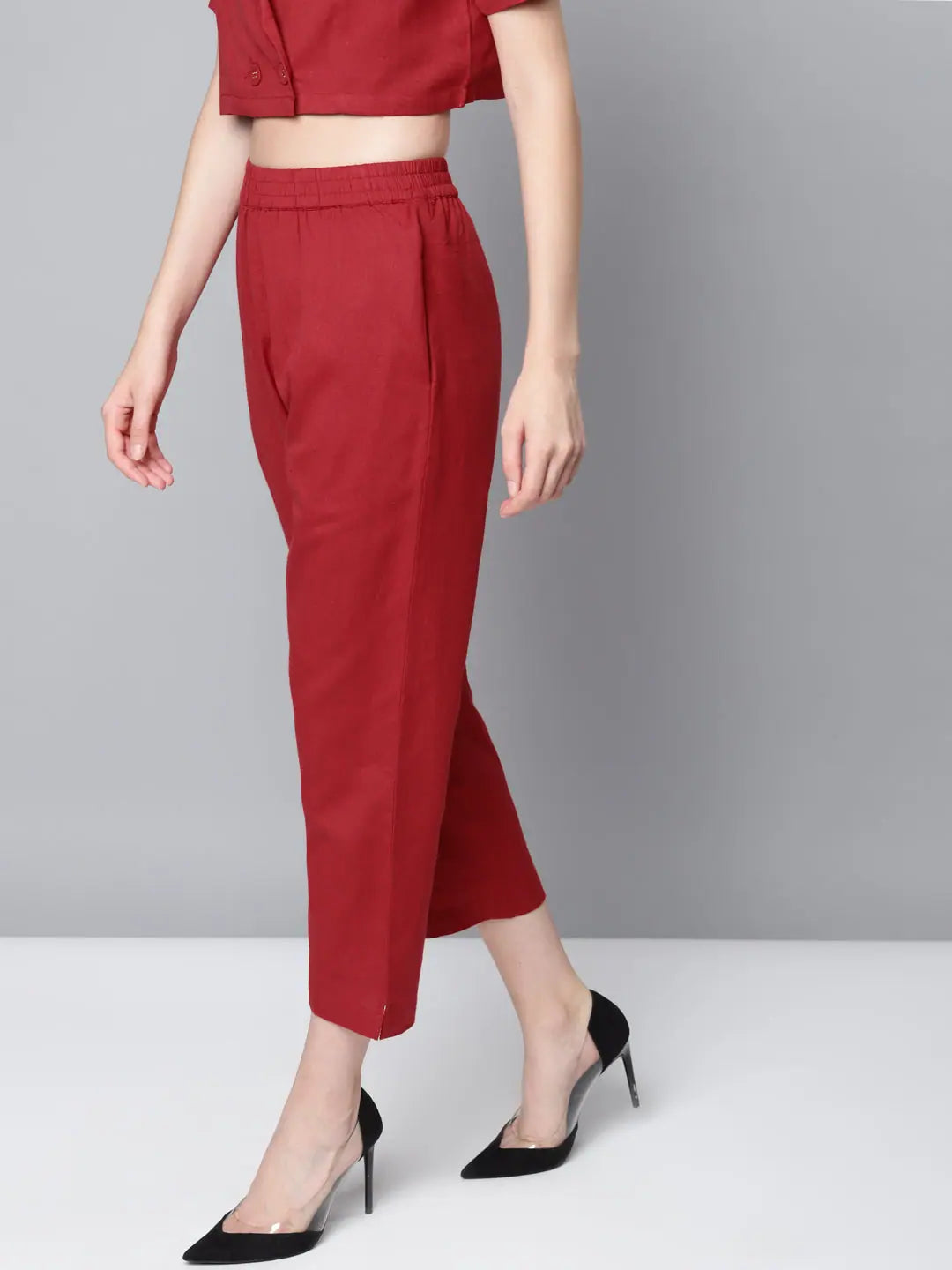 Maroon Straight Pants - Women's Cotton Linen Ankle Length Pants