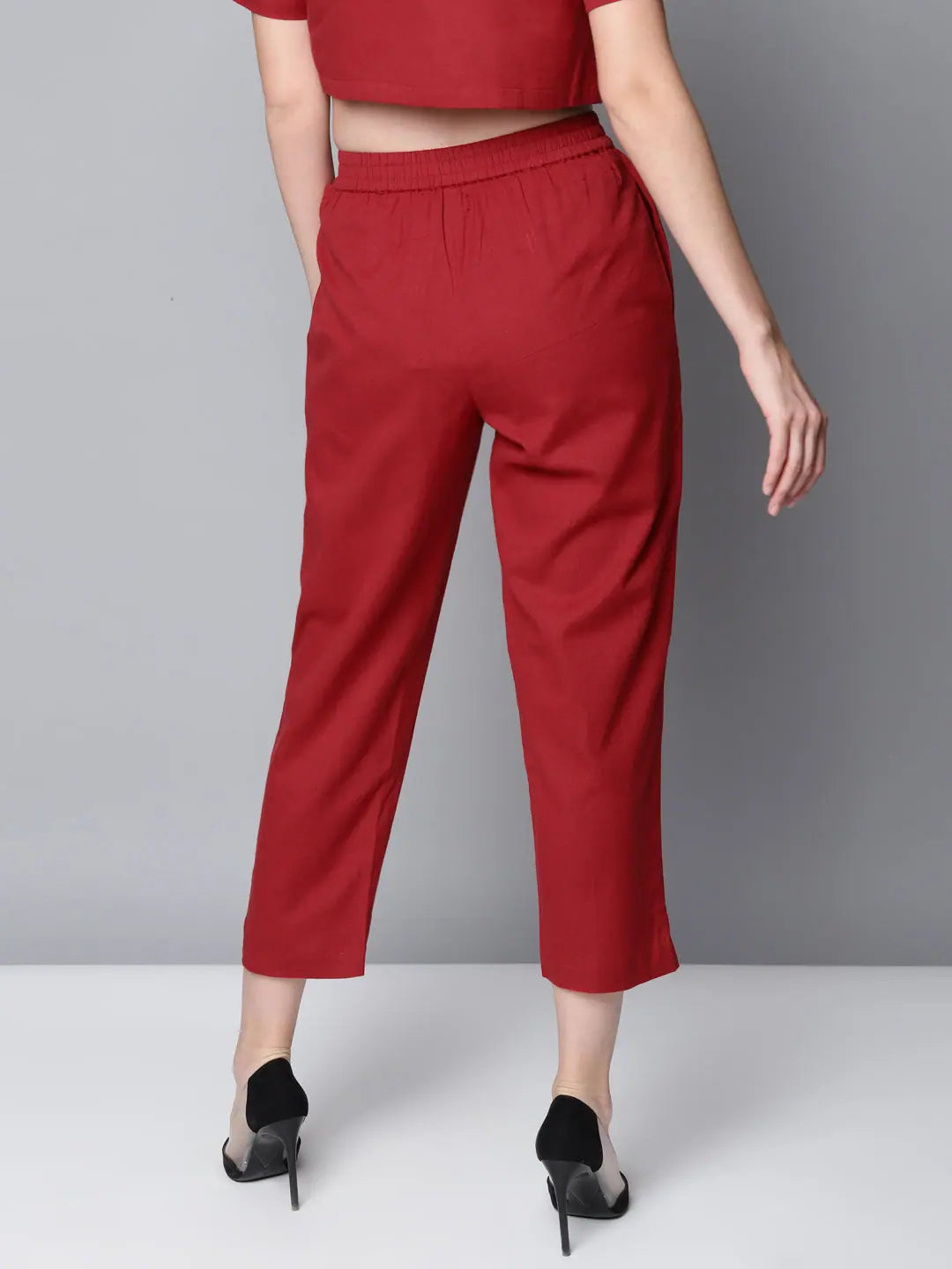 Maroon Straight Pants - Women's Cotton Linen Ankle Length Pants