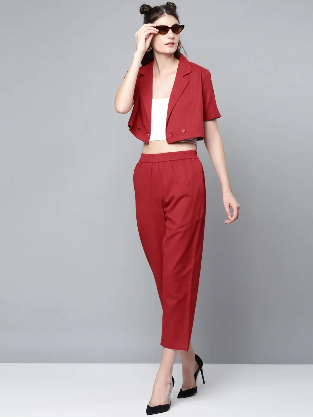 Maroon Straight Pants - Women's Cotton Linen Ankle Length Pants