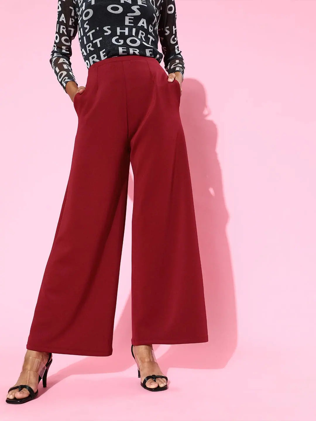 Wide Leg Pants for Women | Maroon Scuba Fabric Trousers