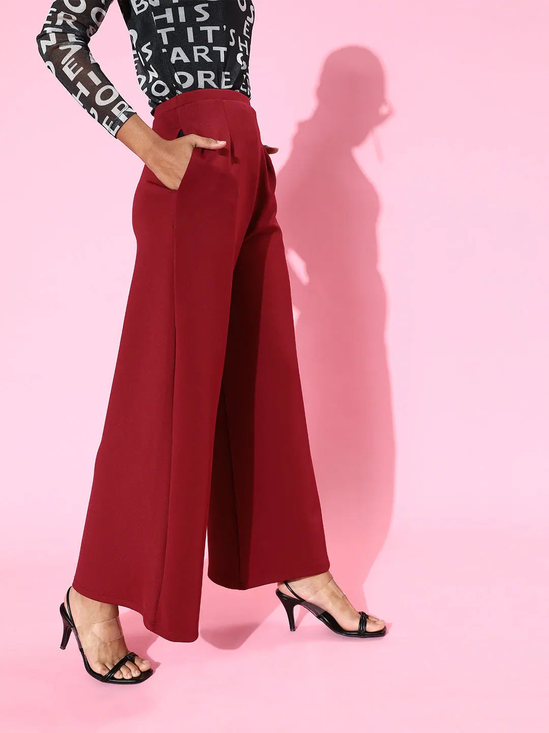 Wide Leg Pants for Women | Maroon Scuba Fabric Trousers