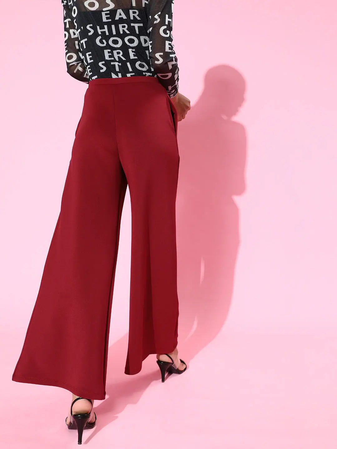 Wide Leg Pants for Women | Maroon Scuba Fabric Trousers