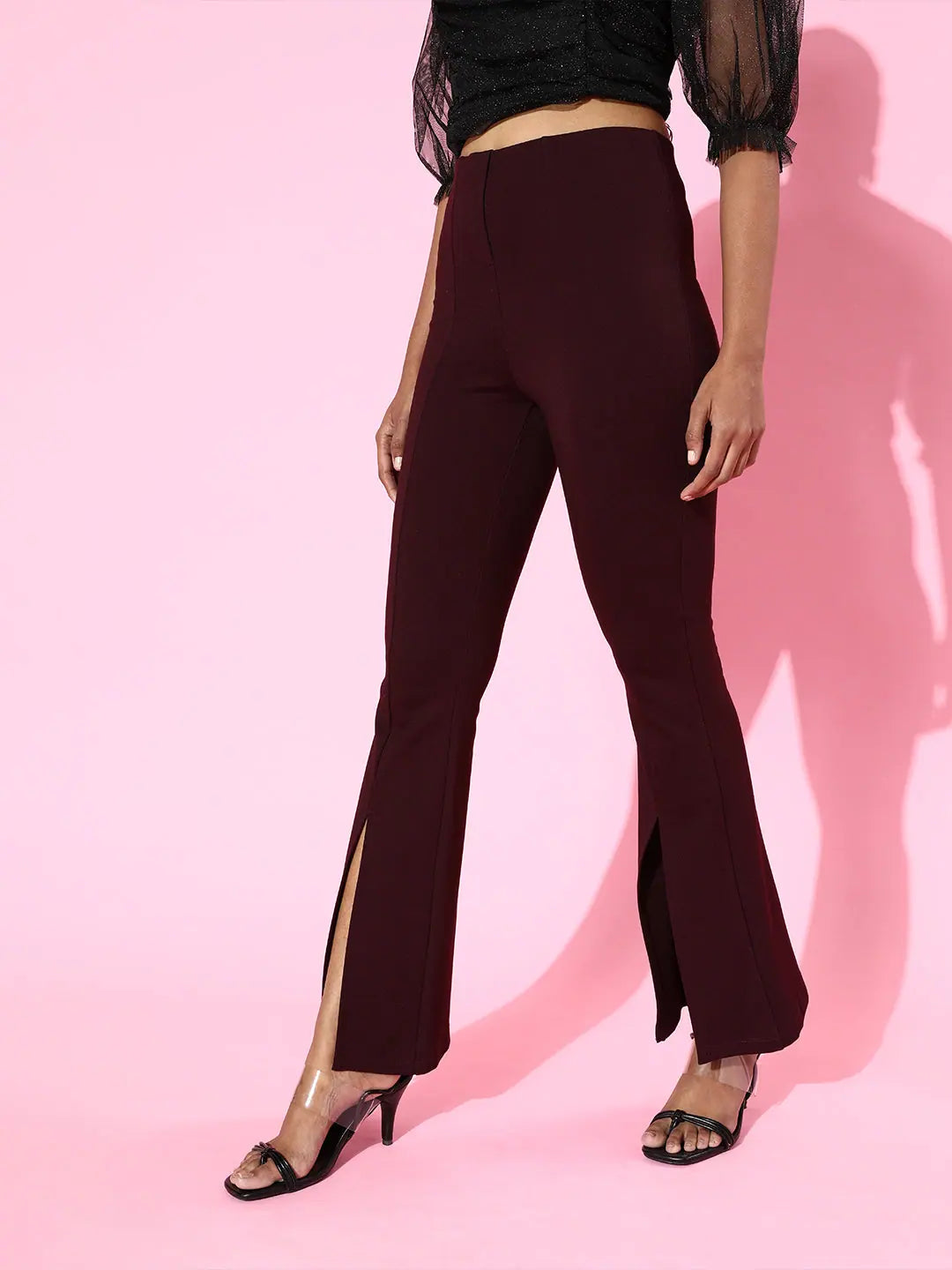 Burgundy Bell Bottom Pants - Front Slit, Comfort Fit Nylon