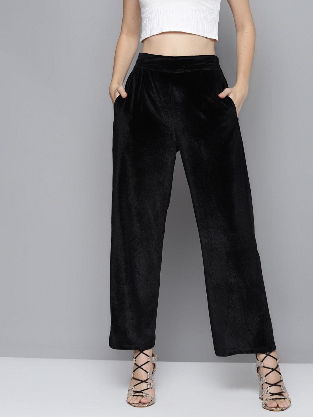 Black Velvet Straight Pants-SFPANT5461