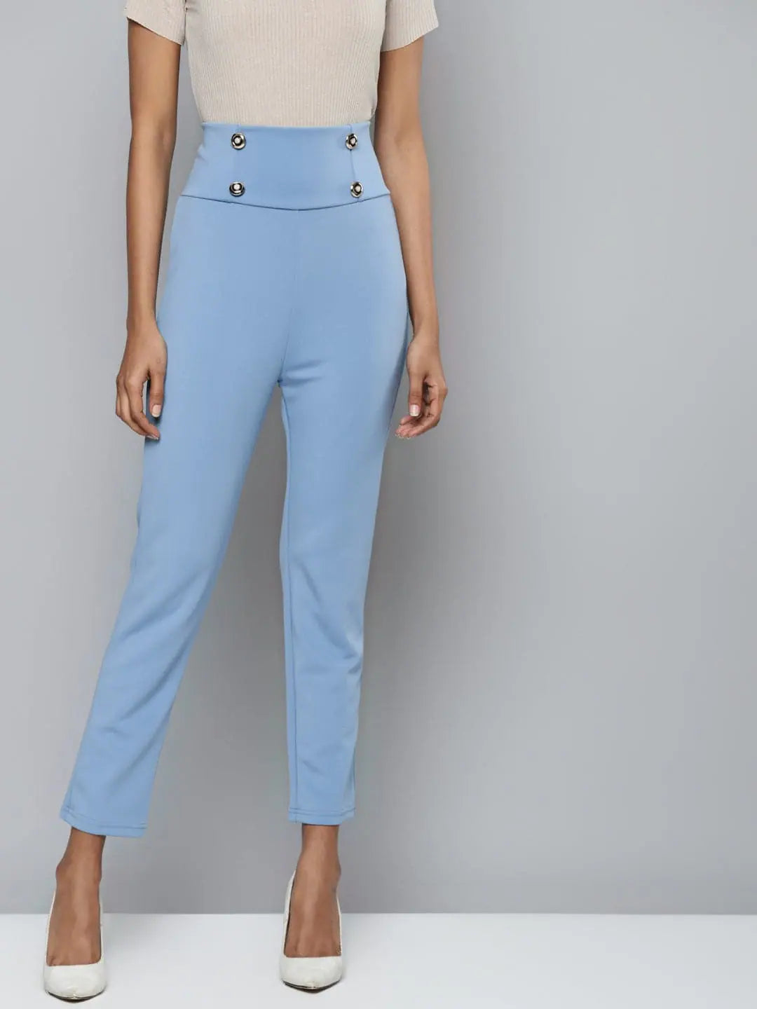 Blue Scuba High Waist Pants with Gold Buttons - Women's Style