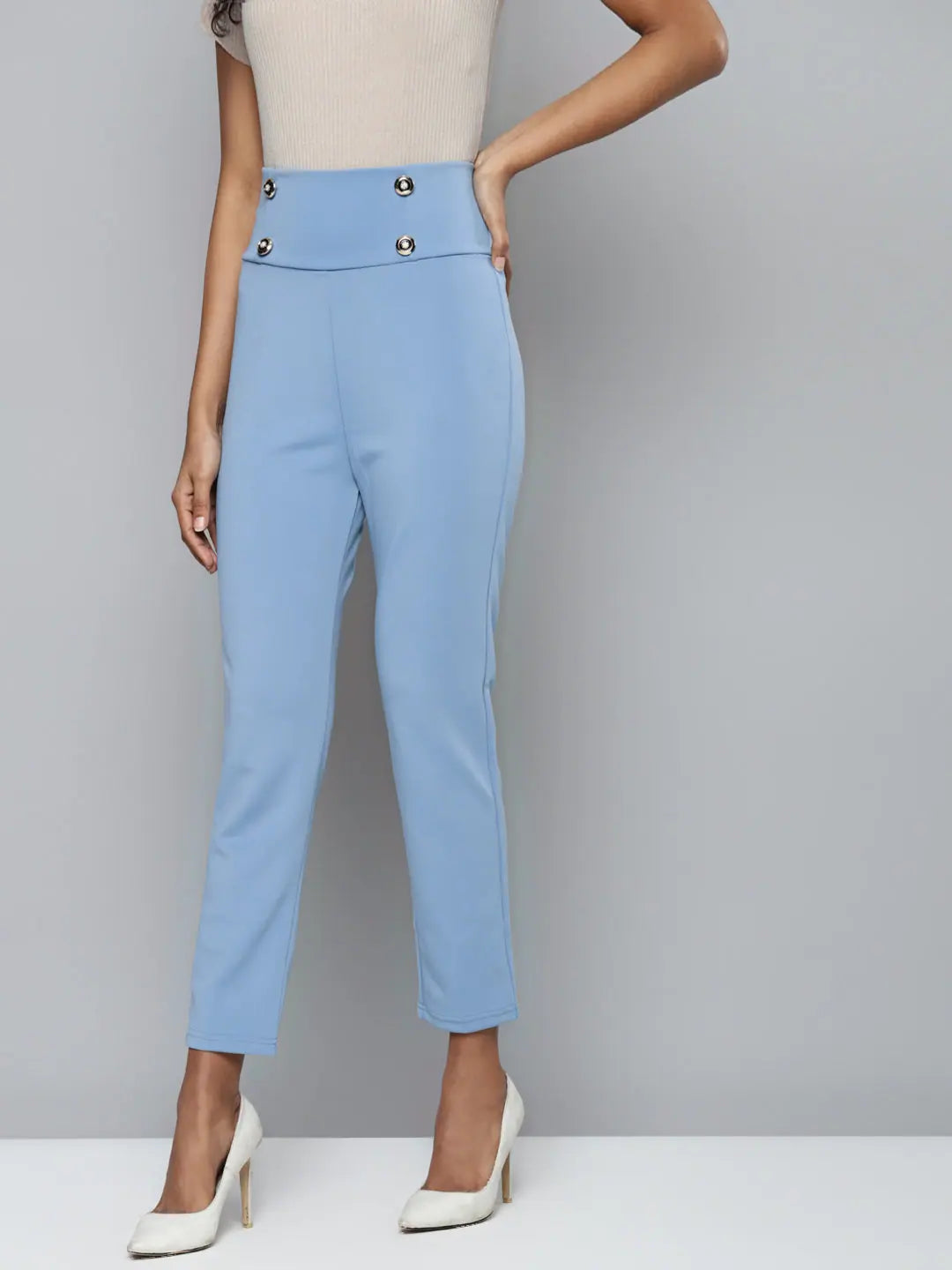 Blue Scuba High Waist Pants with Gold Buttons - Women's Style