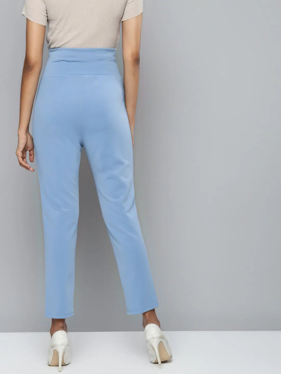 Blue Scuba High Waist Pants with Gold Buttons - Women's Style