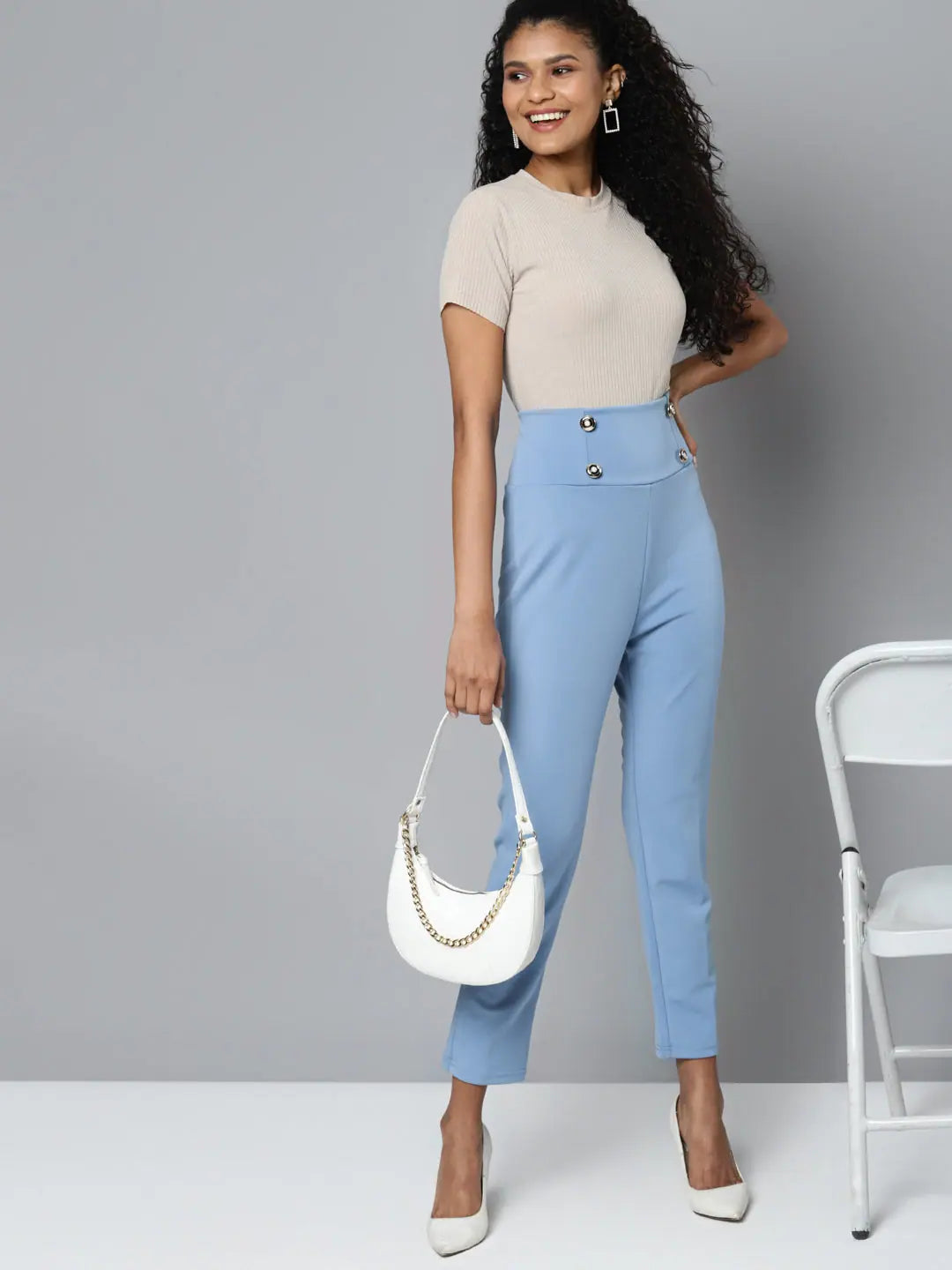Blue Scuba High Waist Pants with Gold Buttons - Women's Style