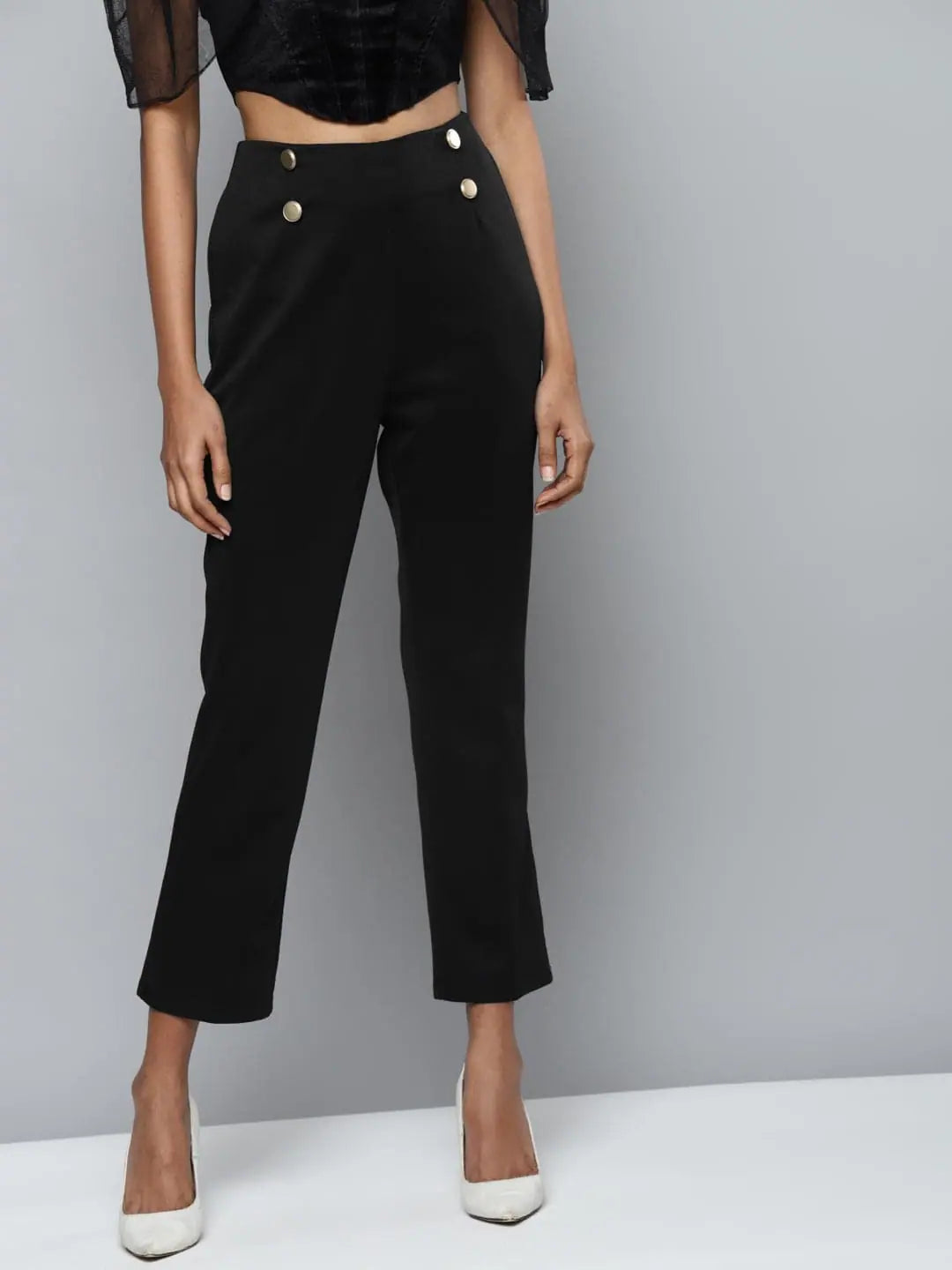 Black Scuba Tapered Pants with Gold Buttons | Ethnic Lehenga