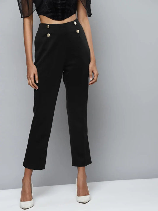 Black Scuba Front Button Tapered Pants 1080