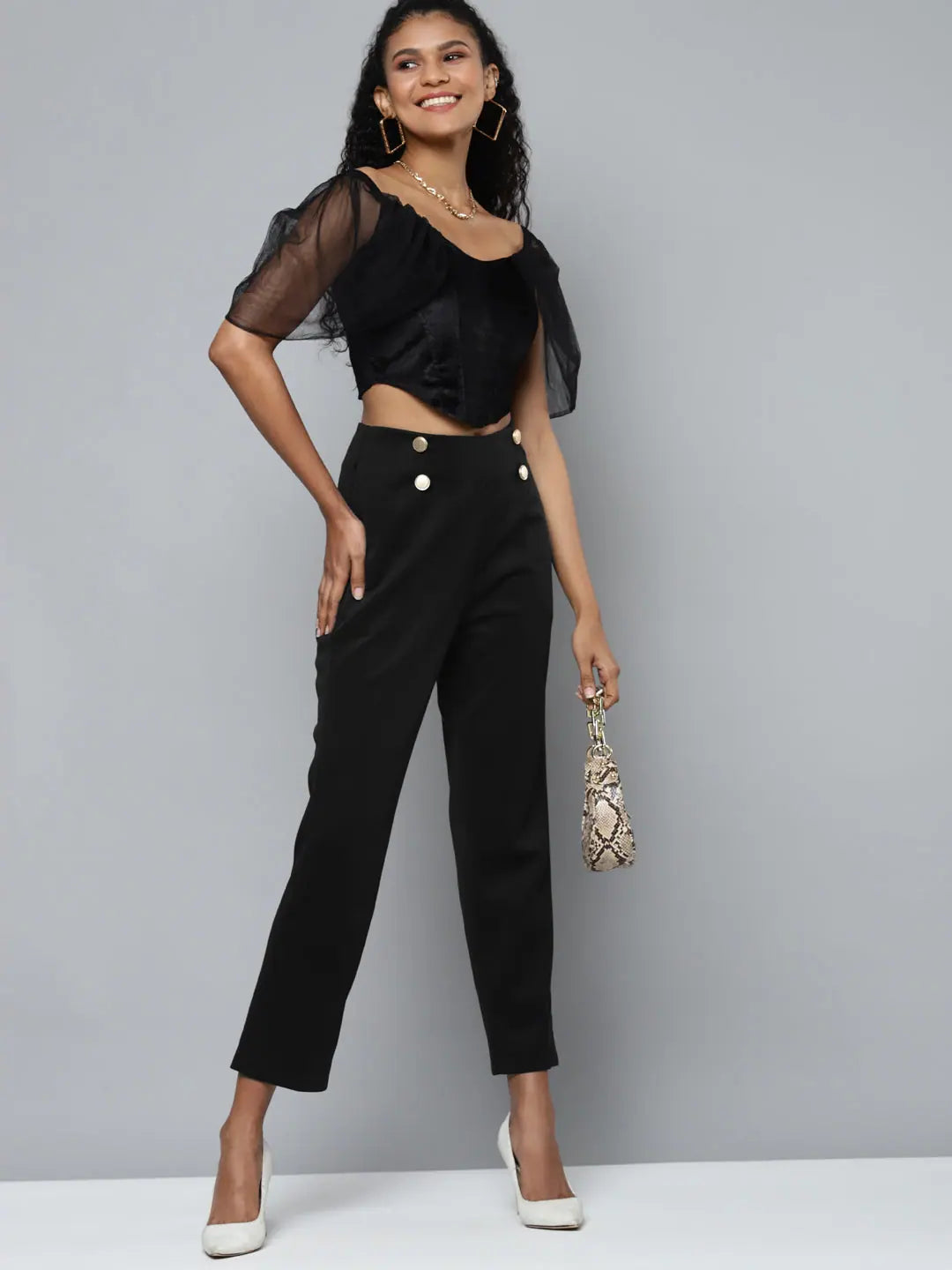 Black Scuba Tapered Pants with Gold Buttons | Ethnic Lehenga