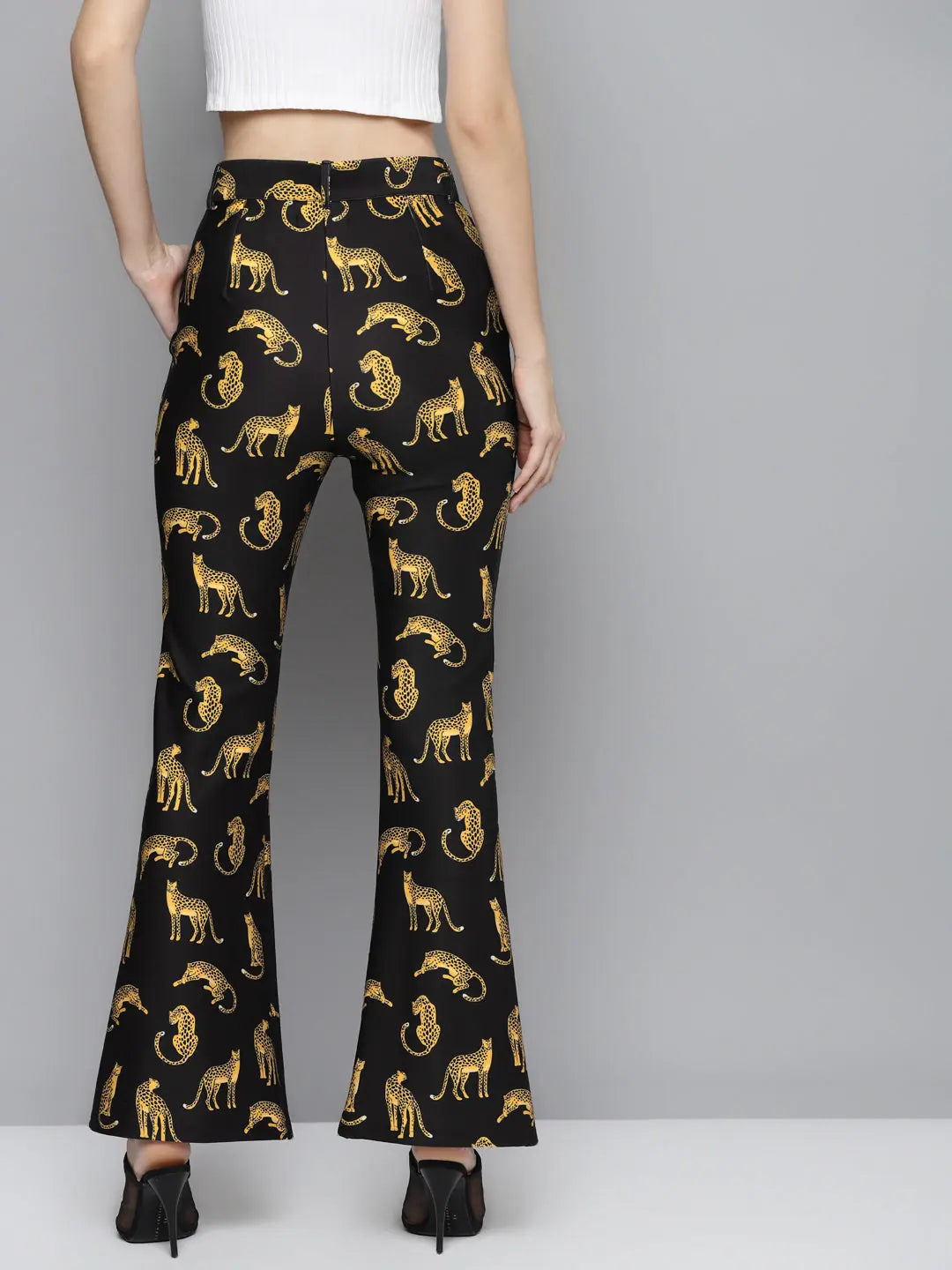 Black Scuba Cheetah Bell Bottom Pants - Women's Bottoms