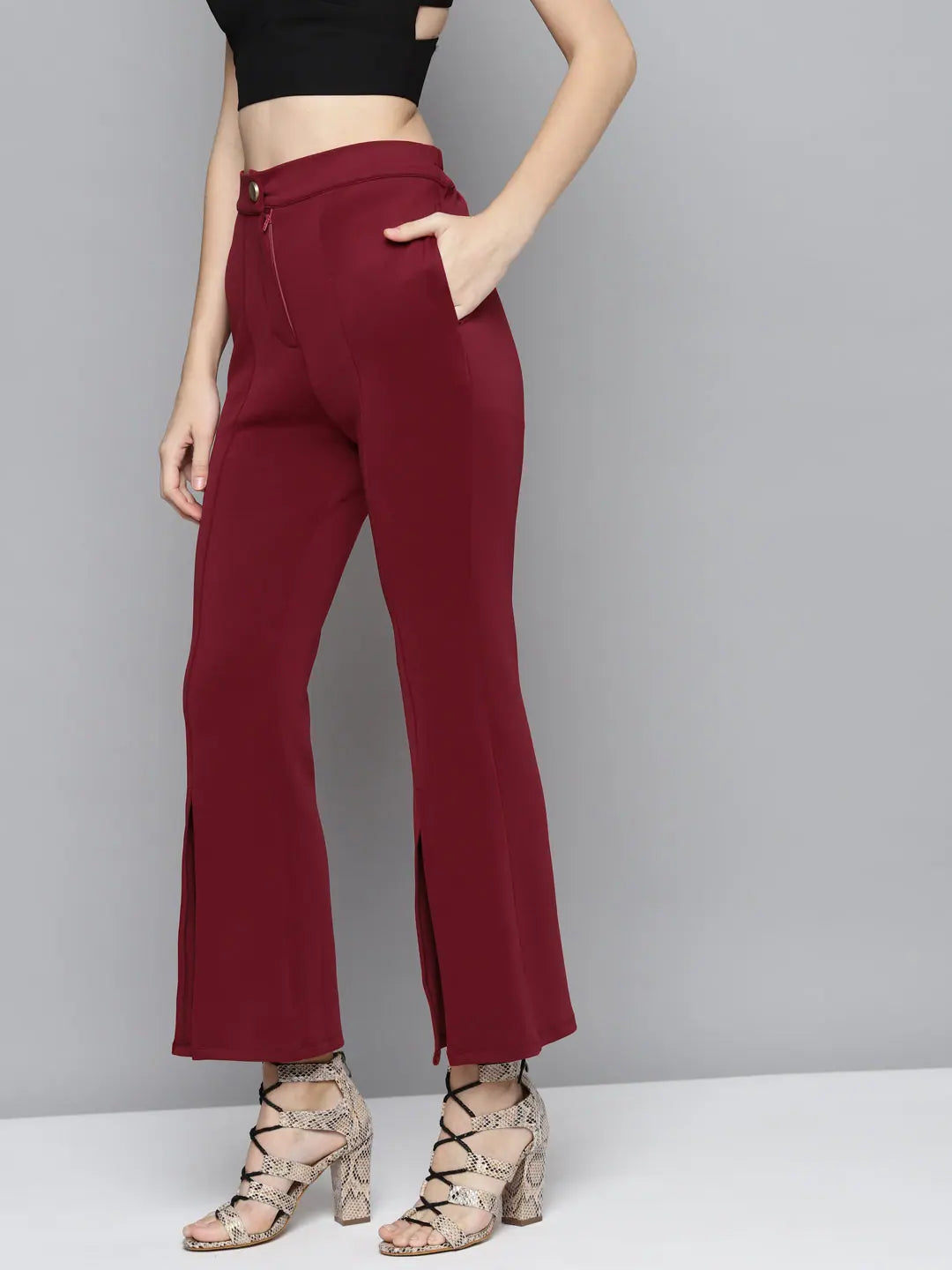 Maroon Scuba Bell Bottoms - Women's Western Wear, Front Slit