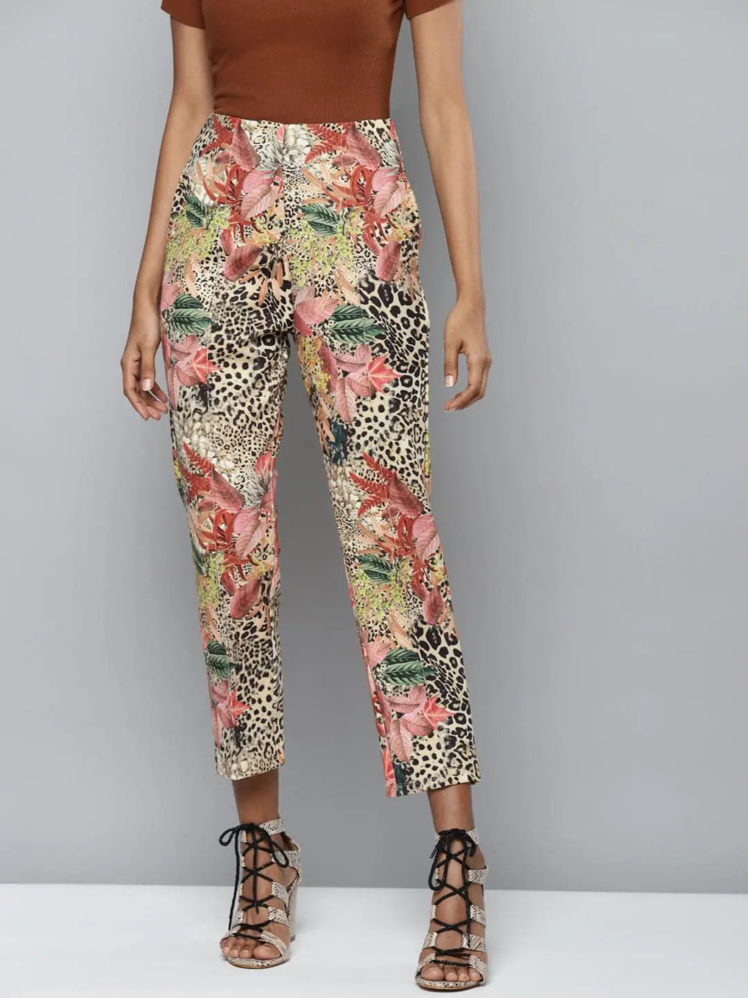 Beige Cheetah Floral Tapered Pants | Women's Western Clothing