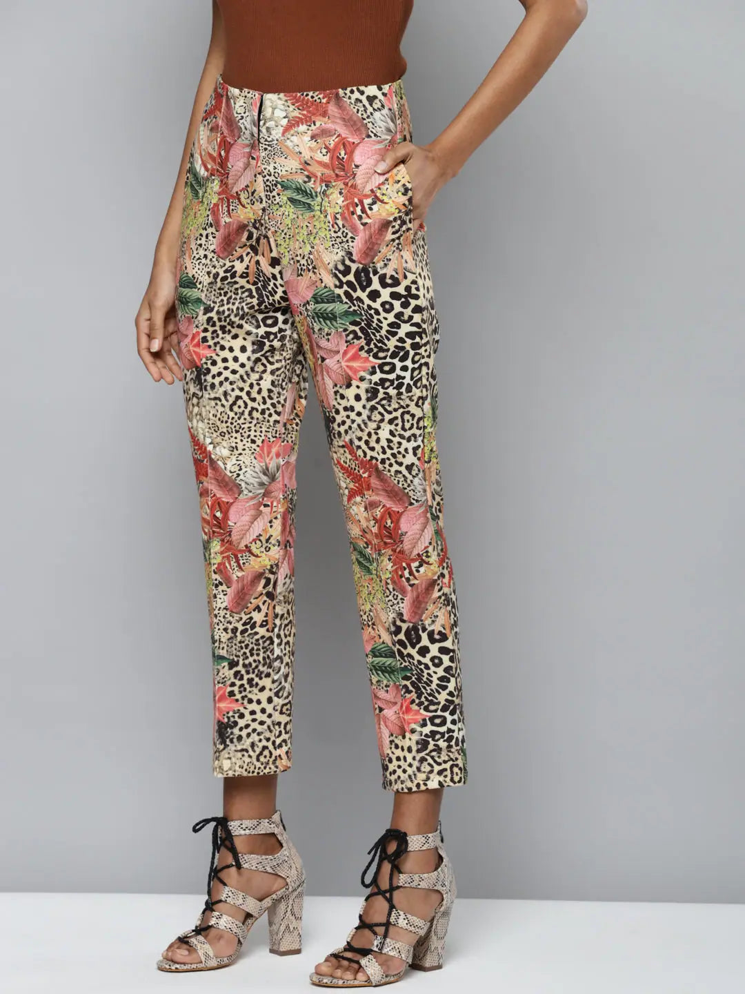 Beige Cheetah Floral Tapered Pants | Women's Western Clothing