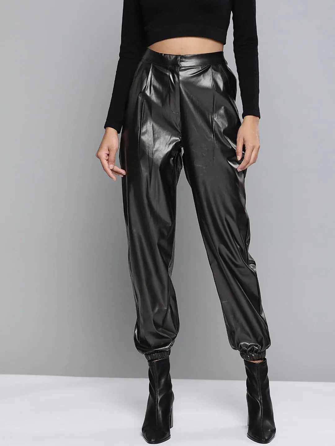 Black PU Joggers | Comfort Fit, Ankle Length