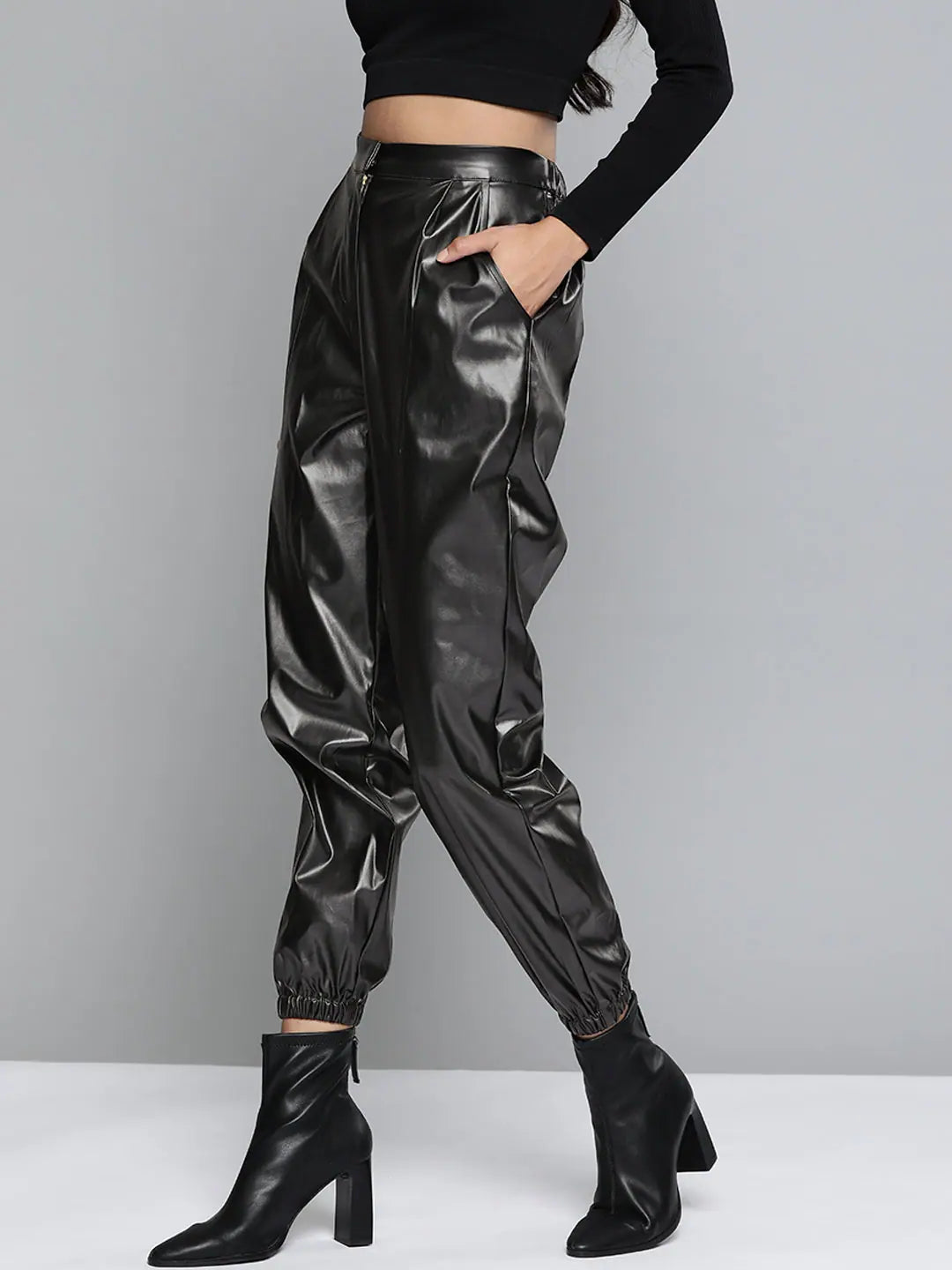 Black PU Joggers | Comfort Fit, Ankle Length