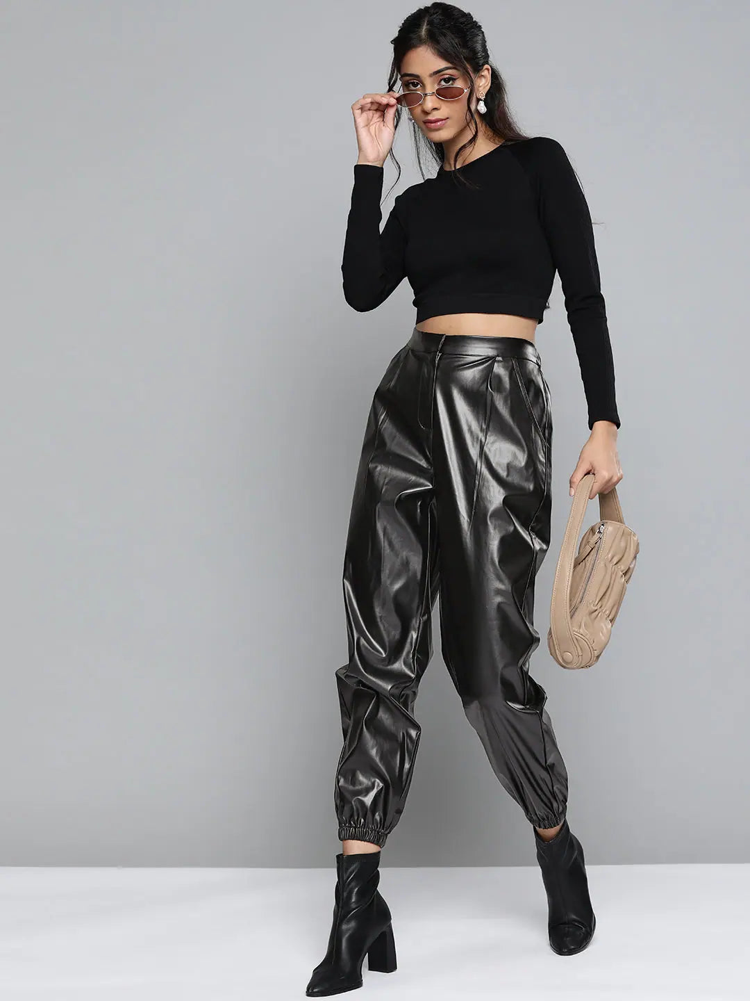 Black PU Joggers | Comfort Fit, Ankle Length