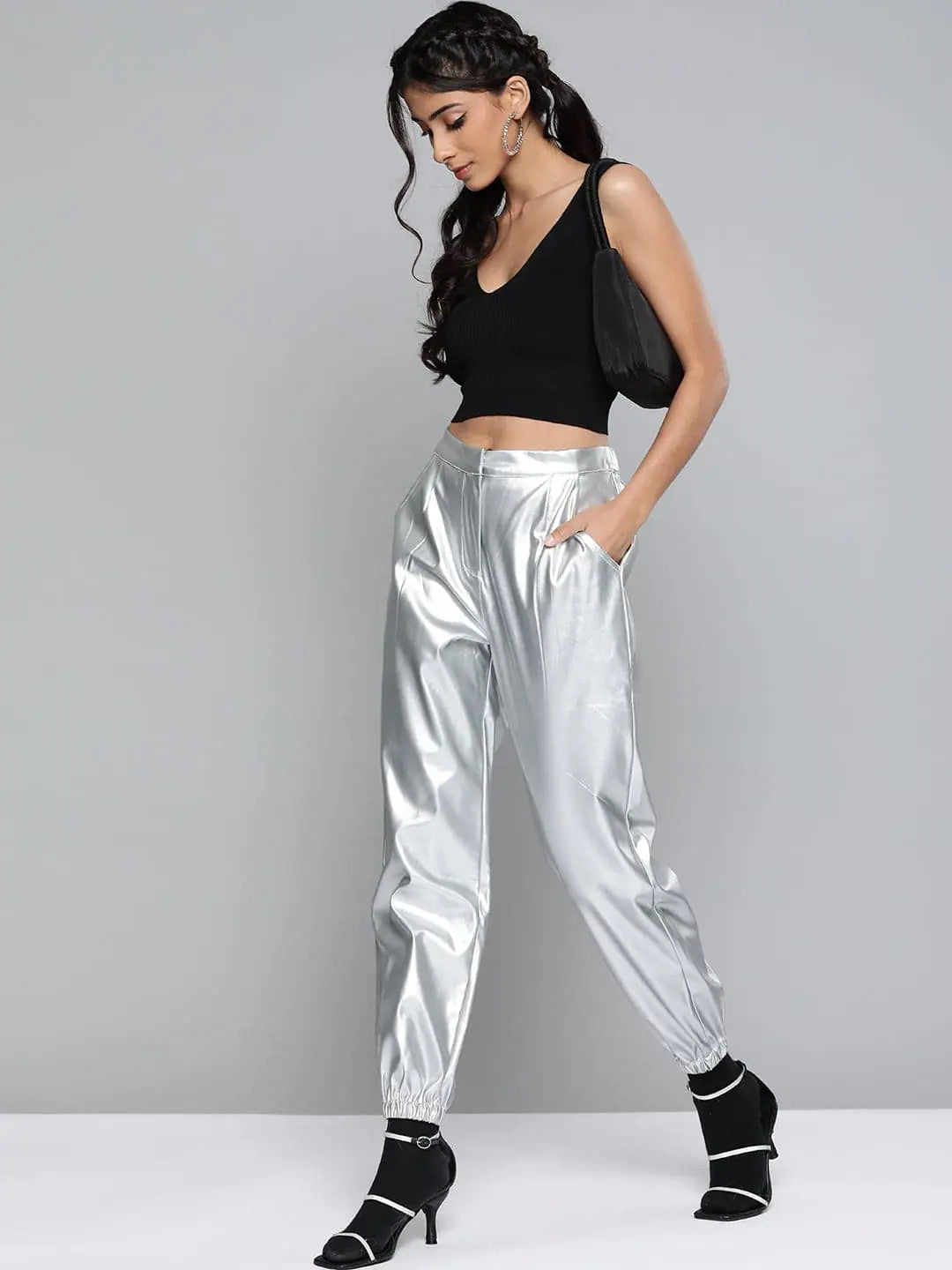 Women Silver Mettalic PU Joggers