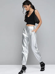 Women Silver Mettalic PU Joggers