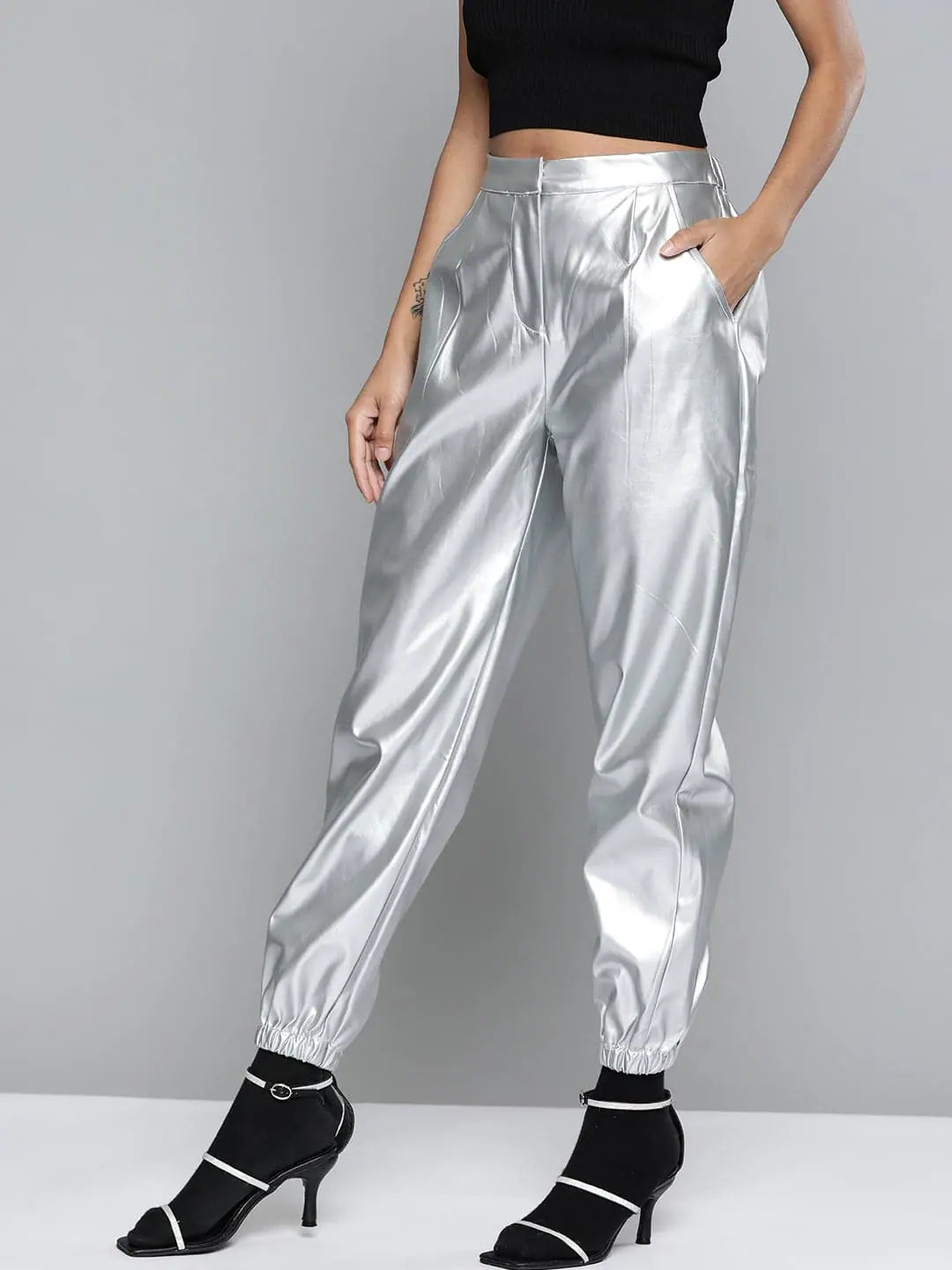 Silver Metallic PU Joggers - Women's Western Wear Outfits