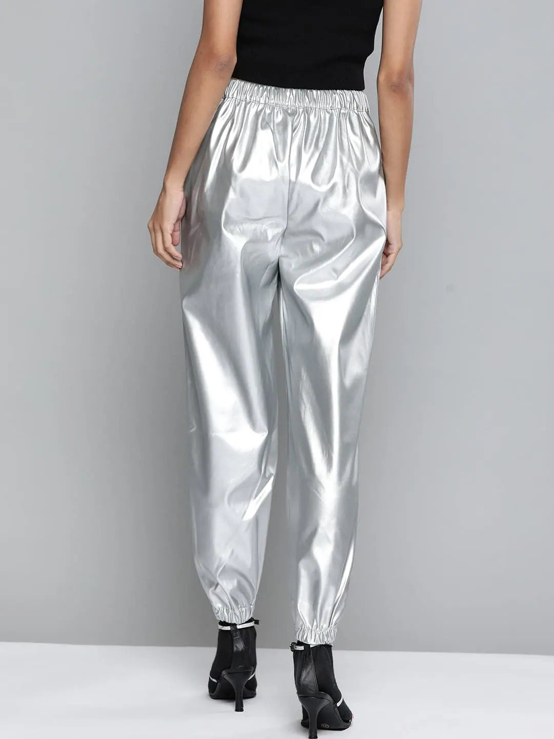 Silver Metallic PU Joggers - Women's Western Wear Outfits