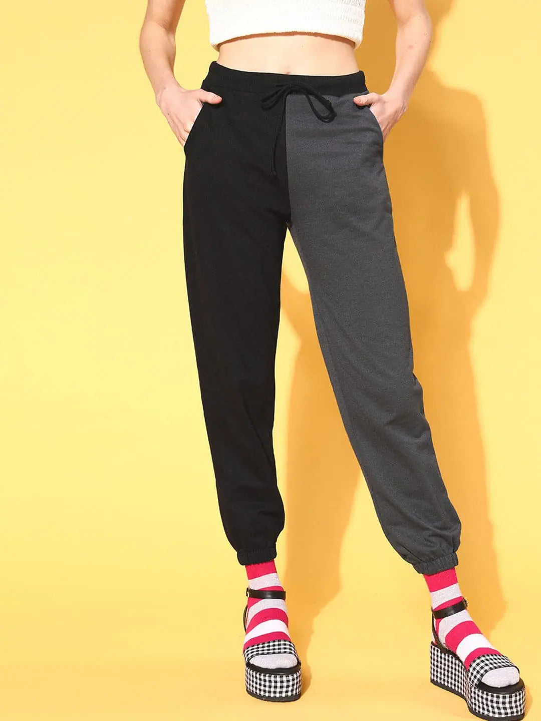 Women Black & Navy Terry Colour Block Joggers