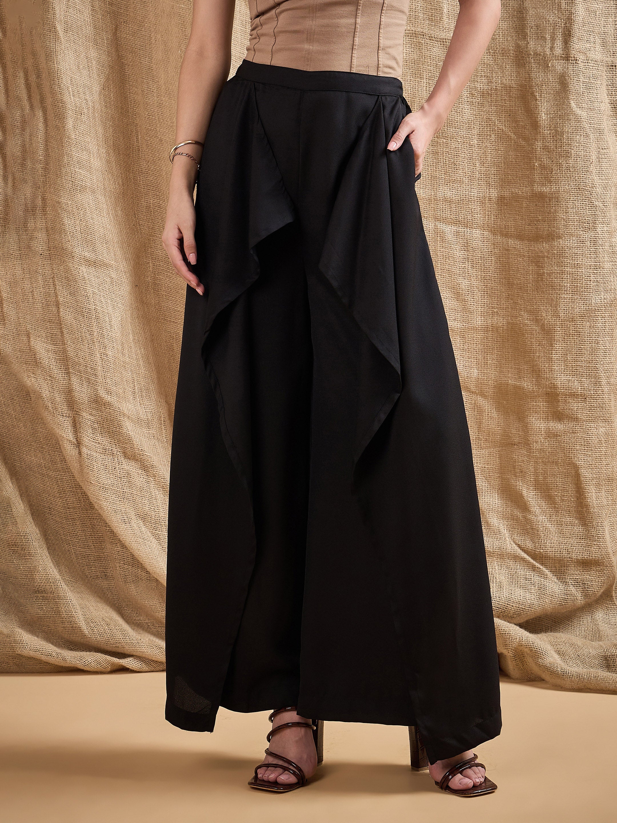 Women Black Front Frill Pants-SFPANT5531