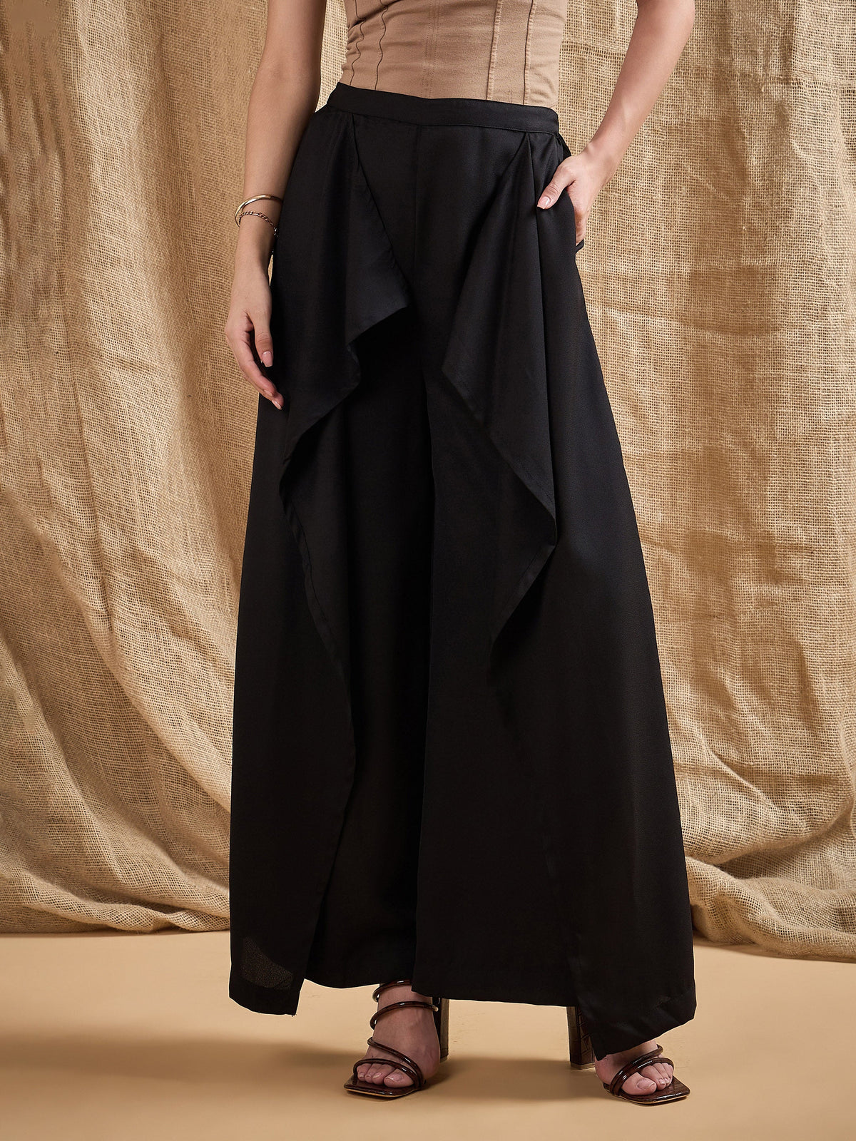 Women Black Front Frill Pants-SFPANT5531