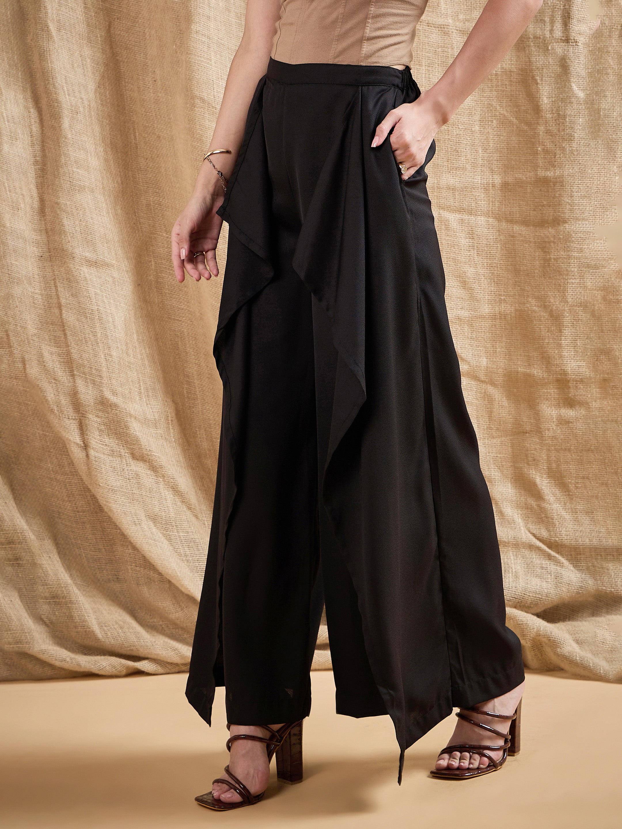 Women Black Front Frill Pants-SFPANT5531