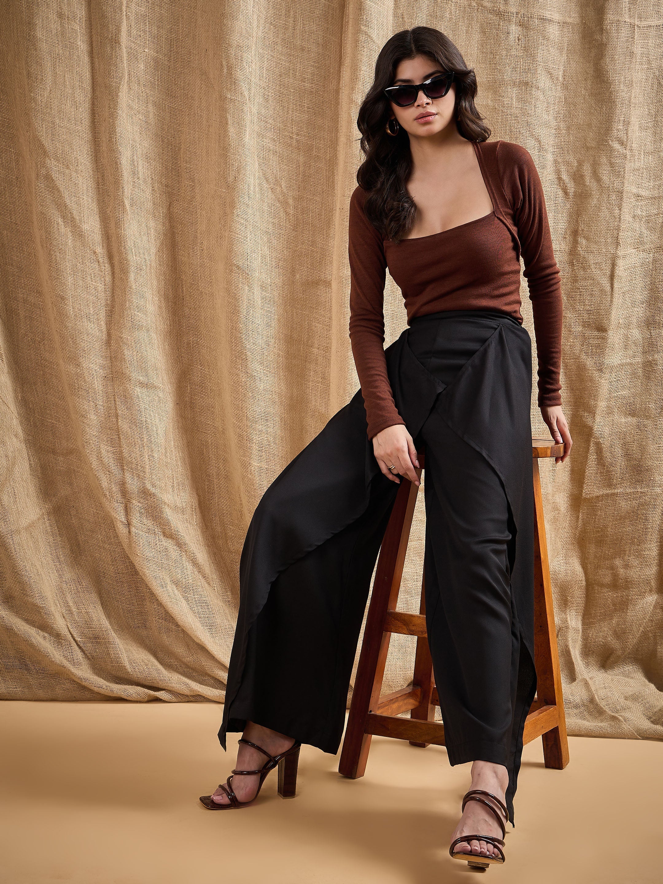 Women Black Front Frill Pants-SFPANT5531