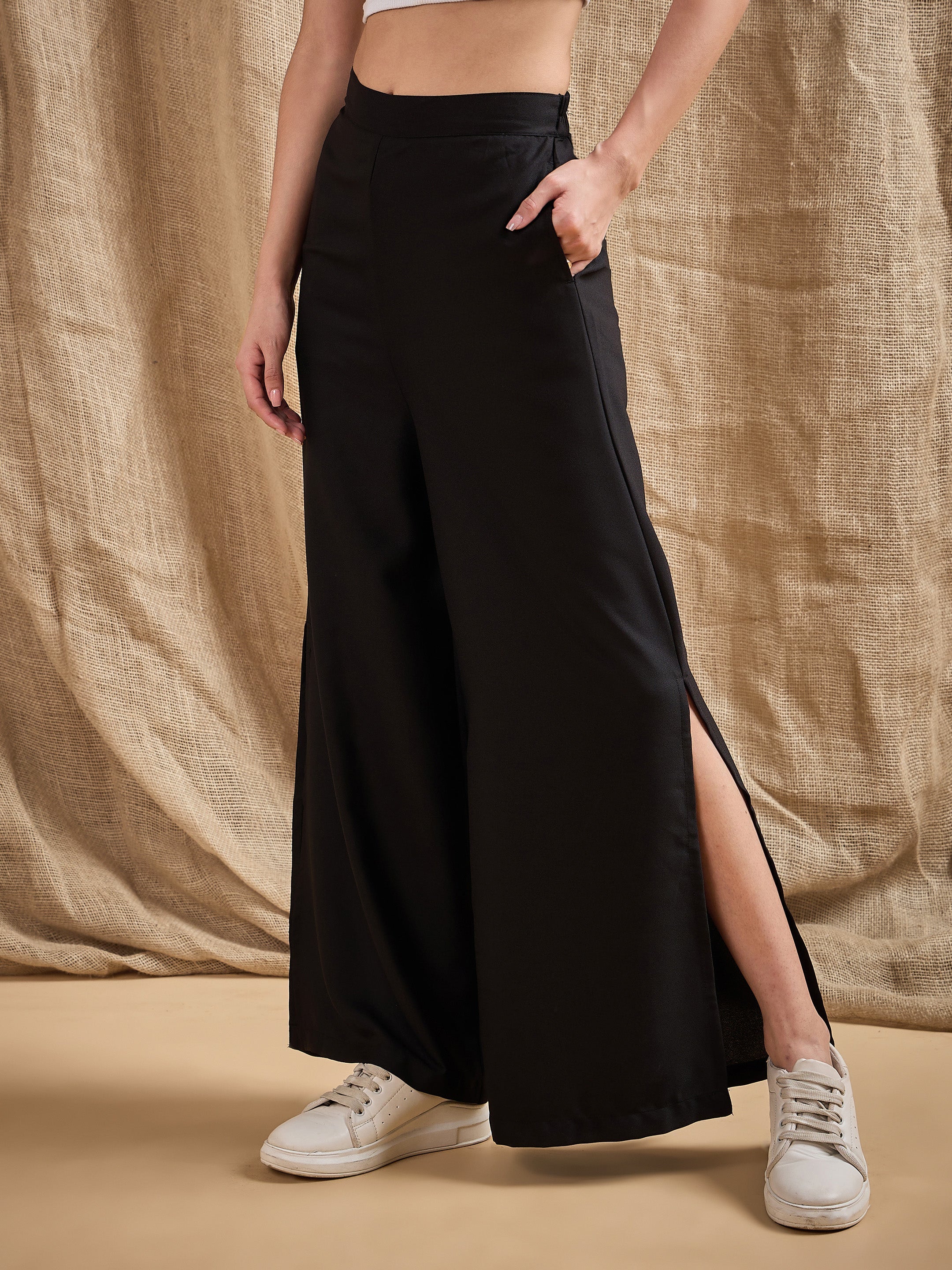 Women Black Side Slit Peekaboo Comfort Pants-SFPANT5533