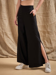 Women Black Side Slit Peekaboo Comfort Pants-SFPANT5533