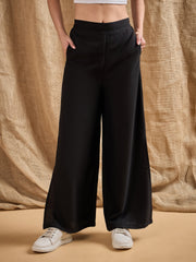 Women Black Side Slit Peekaboo Comfort Pants-SFPANT5533