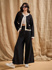 Women Black Side Slit Peekaboo Comfort Pants-SFPANT5533