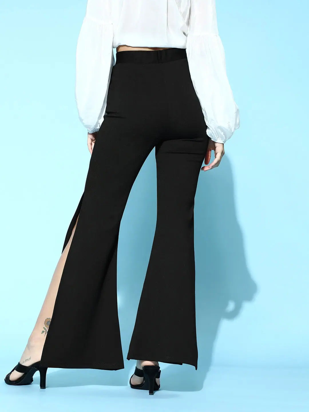 Black Bell Bottom Pants - Side Slit, Women's Lehenga Style