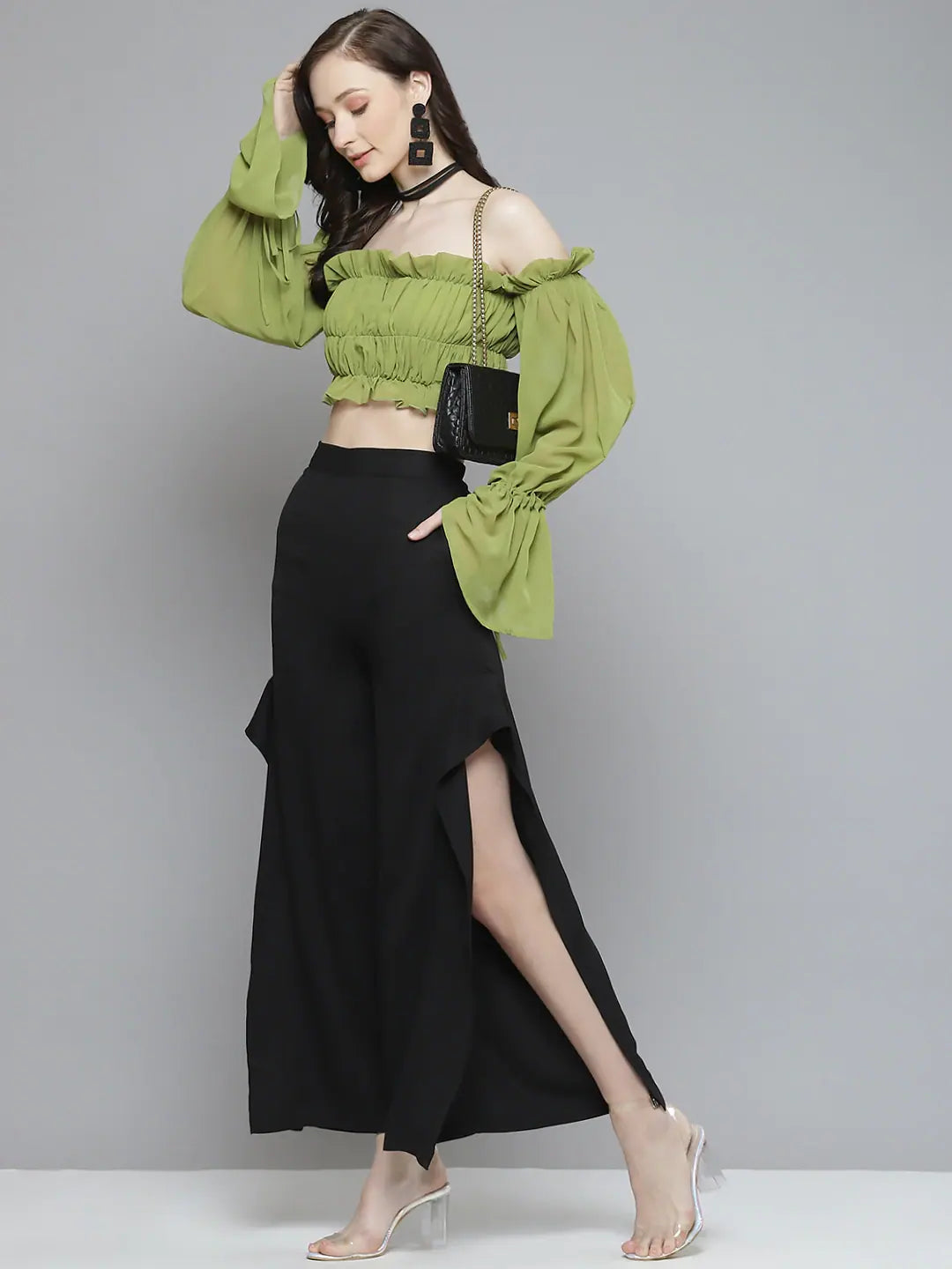 Black Ruffled Wide Leg Pants with Slit | Women's Fashion