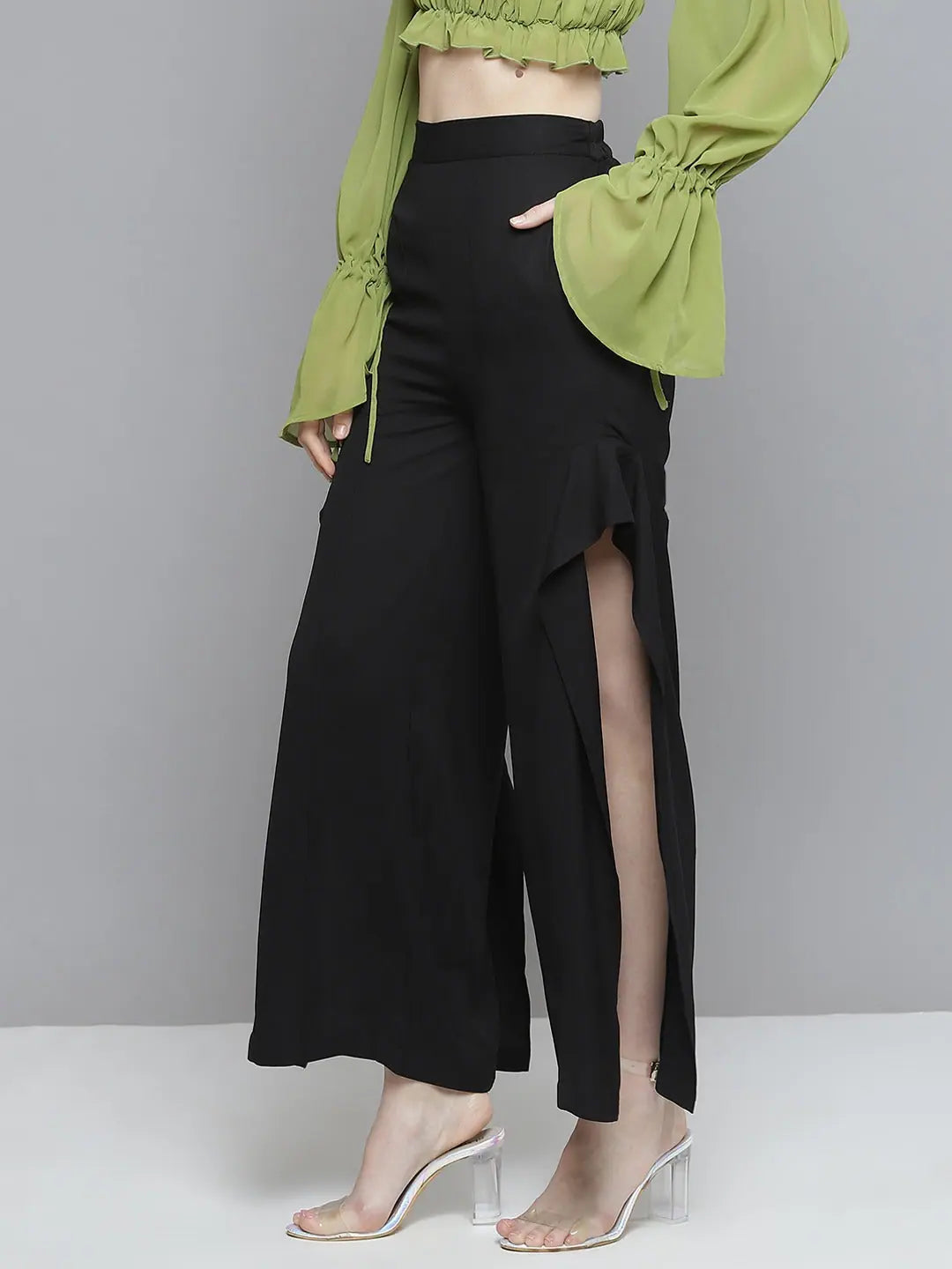 Black Ruffled Wide Leg Pants with Slit | Women's Fashion